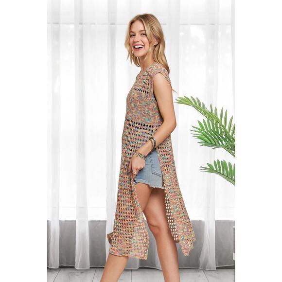 ADORA Multi Color Sleeveless Round Neck Side Slit Crochet Tunic Top | Rainbow - Picture 5 of 6